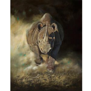 Painting of rhino running towards viewer